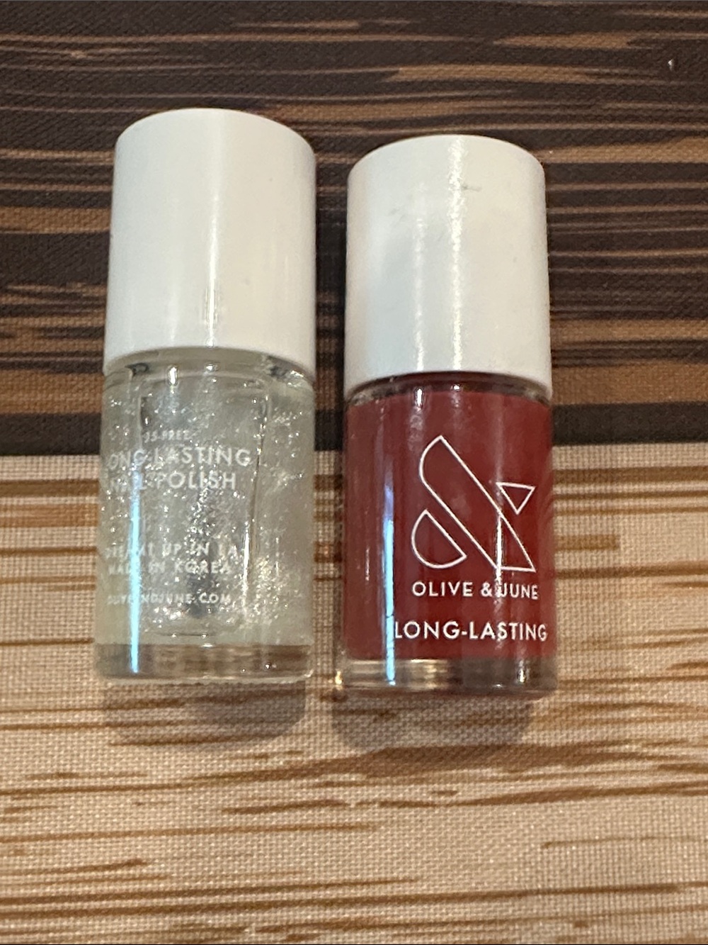 Olive & June Clear Sparkles & Red Nail Polish Duo-Cosmic, cozy up